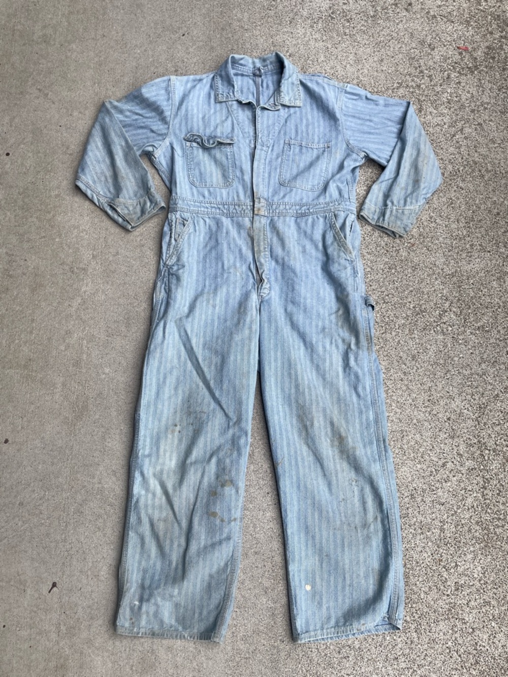 Vtg Big Mac Denim Coveralls 42S Blue Herringbone Sanforized Distressed Mechanic